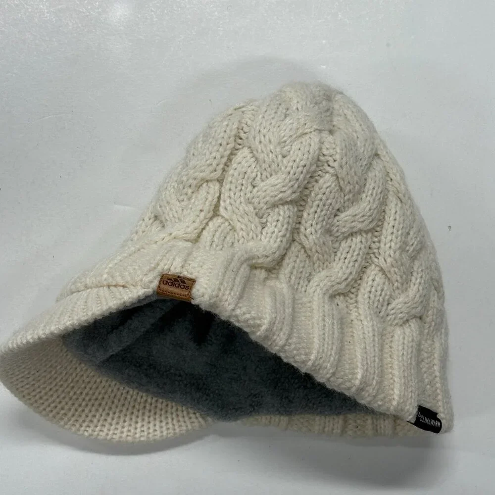 Adidas Climawarm Cable Knit Beanie Hat Brim White Lined Winter‎ Acrylic Womens
